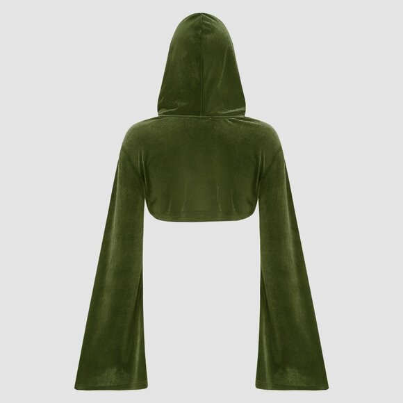 Cider Velvet Hooded Long Sleeve Crop Top - Green - XS - Picture 2 of 7